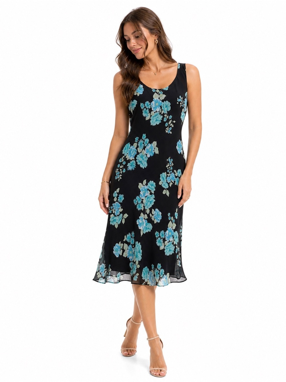 Vintage Studio I Petite Black Blue Floral Midi Dress 12P Romantic 90s